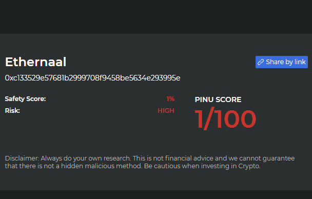 PinuScanner's tweet photo. 🚨🚨🚨

$NAAL #NAAL scored 1/100 on the Crypto Coin Scanner!

Probably not the next $DOGE or $SHIB or $ELON

CCS is powered by @InuPirate $PINU looking for malicious functions &amp; dangerous code that could affect your investment.  DYOR

Learn more at https://t.co/CLNdr7ybTZ https://t.co/CKHyV4hrkg