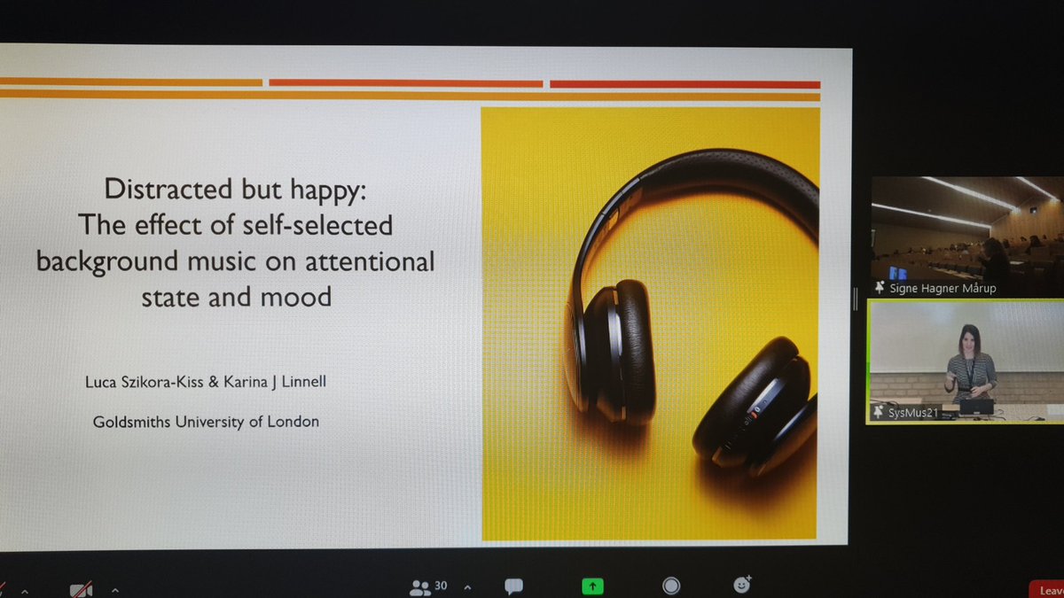 SysMus_Conf's tweet photo. .@Luca_SzK Szikora-Kiss (from @mmbgoldsmiths) on the effects of self-determined background music on attentional state and mood. #SysMus21 https://t.co/nPkNIHdNjy