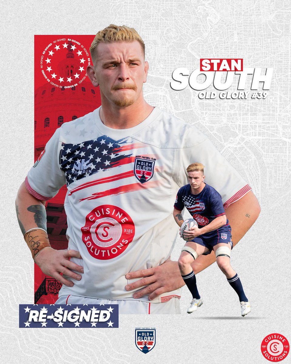 OldGloryDC's tweet photo. 𝗦𝗧𝗔𝗡 𝗦𝗢𝗨𝗧𝗛

Back for his second season, Stan South stays in DC for the 2022 Major League Rugby season 🚨

Read more on Stan's re-singing with Old Glory » https://t.co/iG9Cq31alE

Welcome back, @south_stan!

#OGDC | @SousVideCuisine | @usmlr https://t.co/yElgStCfJW