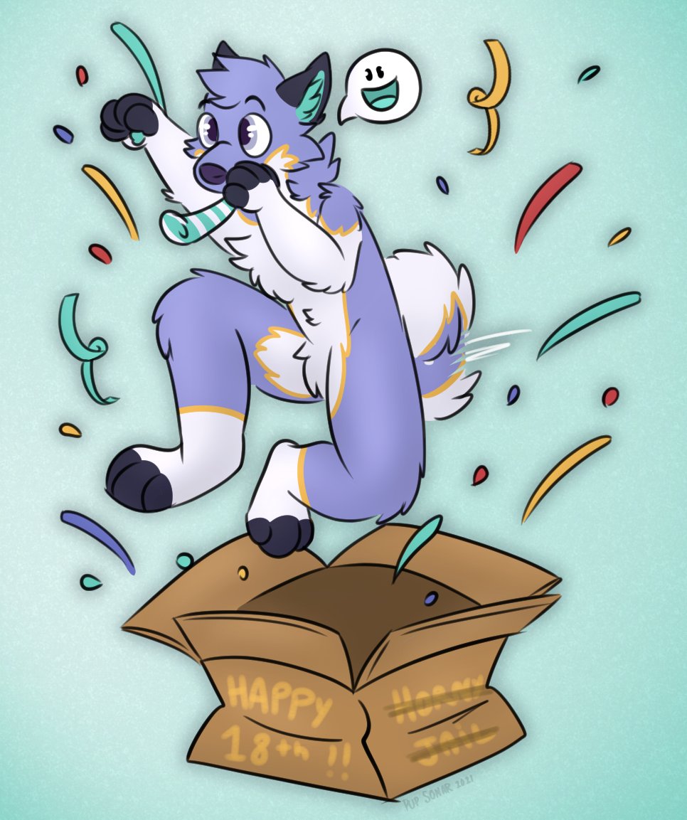 Anthropomorphic purple husky dog jumping out of a "Happy 18th!!" box with confetti while blowing on a party horn.