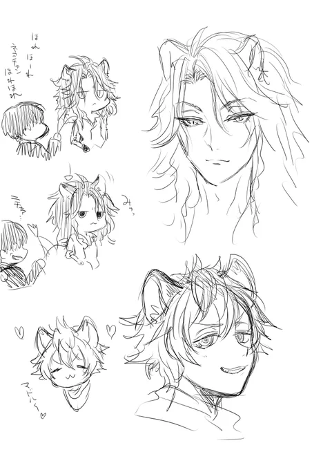 レオナさんあんまり描かないので練習。オイデオイデ、ネコチャンネコチャン。あとラギー可愛い。 