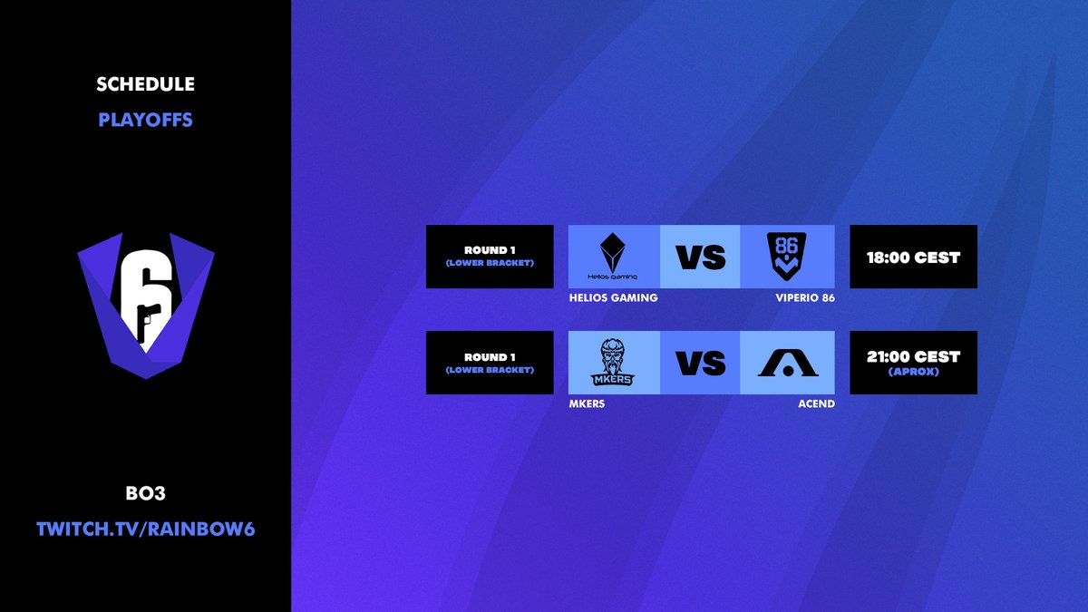In less than two hours, watch the first maches of the lower bracket!

The losers will be definitively eliminated!

<a href="/HeliosGamingFR/">Helios Gaming</a>  🇫🇷 vs. <a href="/viperioesports/">Viperio</a>  🇪🇺
<a href="/mkersofficial/">Mkers</a>  🇮🇹 vs. <a href="/AcendClub/">ACEND CLUB</a>  🇫🇷

🔴twitch.tv/rainbow6