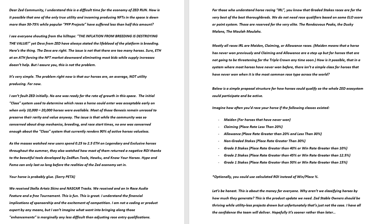 FGMetrics's tweet photo. An Open Letter to @zed_run and the Zed Community: https://t.co/WyEptOjaEC