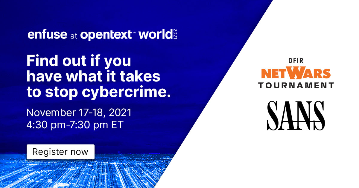 NewSecurityNews's tweet photo. Who is #1? Join your peers around the world for the OpenText #DFIR NetWars Tournament during #Enfuse at #OpenTextWorld.  Spaces are going fast, so sign-up today. https://t.co/olcmvVAxa2 https://t.co/JevqEzSyVq