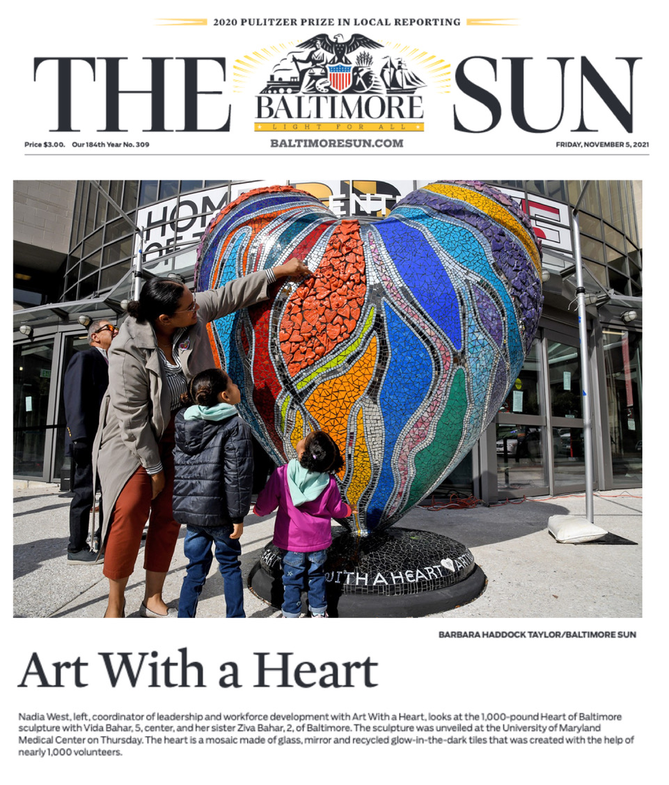 Art with a Heart (@artwithaheart_) on Twitter photo Front page of <a href="/baltimoresun/">The Baltimore Sun</a> !!!! The Heart of Baltimore! Go see it, read it and touch it! Take a picture and hashtag #theheartofbaltimore #baltimorehasthebiggestheart The Art with a Heart team could not be more grateful and proud! <a href="/UMMC/">University of Maryland Medical Center</a> Front page of <a href="/baltimoresun/">The Baltimore Sun</a> !!!! The Heart of Baltimore! Go see it, read it and touch it! Take a picture and hashtag #theheartofbaltimore #baltimorehasthebiggestheart The Art with a Heart team could not be more grateful and proud! <a href="/UMMC/">University of Maryland Medical Center</a>