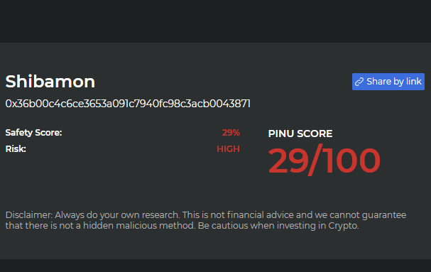 PinuScanner's tweet photo. Warning #SHIBAMON Holders &amp; Potential Buyers!

This coin scored 29/100 on @InuPirate $PINU contract scanner looking for malicious functions and dangerous code.

Proceed with caution as this is probably not the next $DOGE $ELONn$HOGE

Join TG to learn more https://t.co/CLNdr7PMLx https://t.co/Ww6LuIr6JD