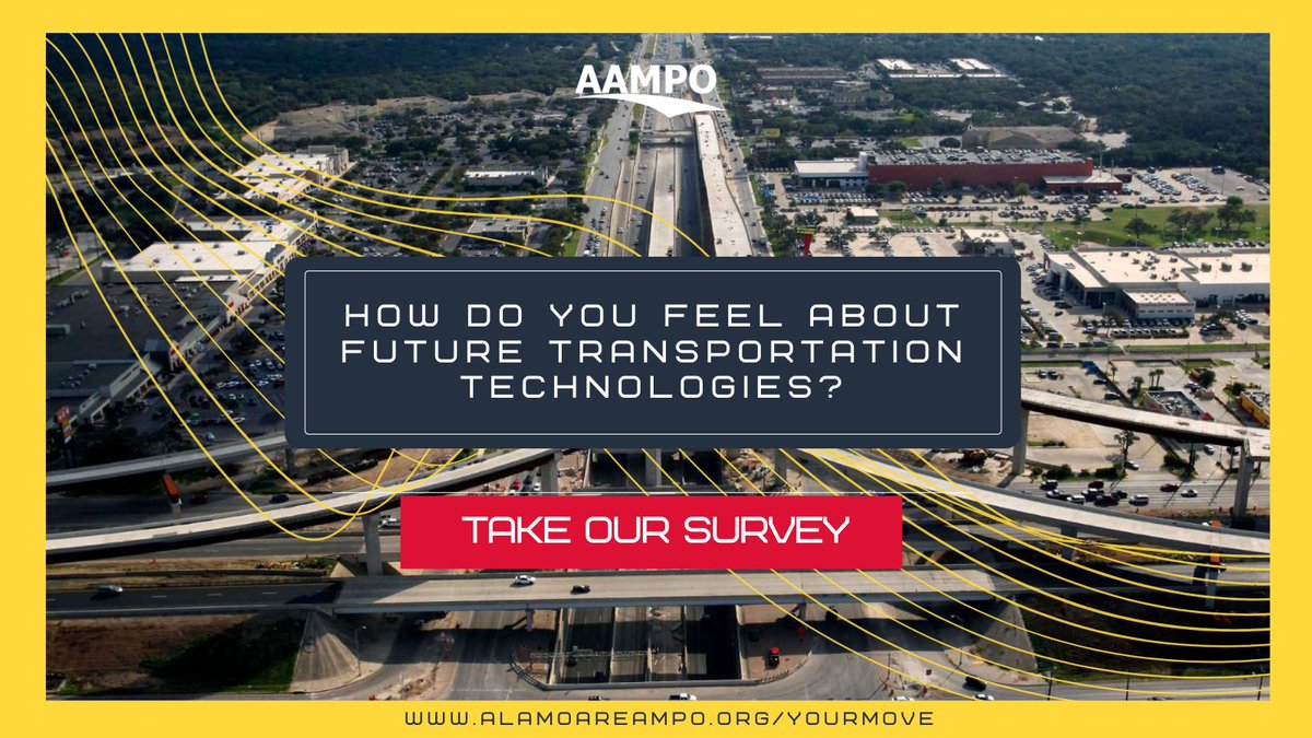 AlamoAreaMPO's tweet photo. Help shape the future of transportation! AAMPO is seeking input on emerging transportation technologies as #Mobility2050, our region’s transportation plan, is
being developed. Participate in this quick survey.
👉🏼https://t.co/LCOv7HwQN0 https://t.co/qYS8e7usfk