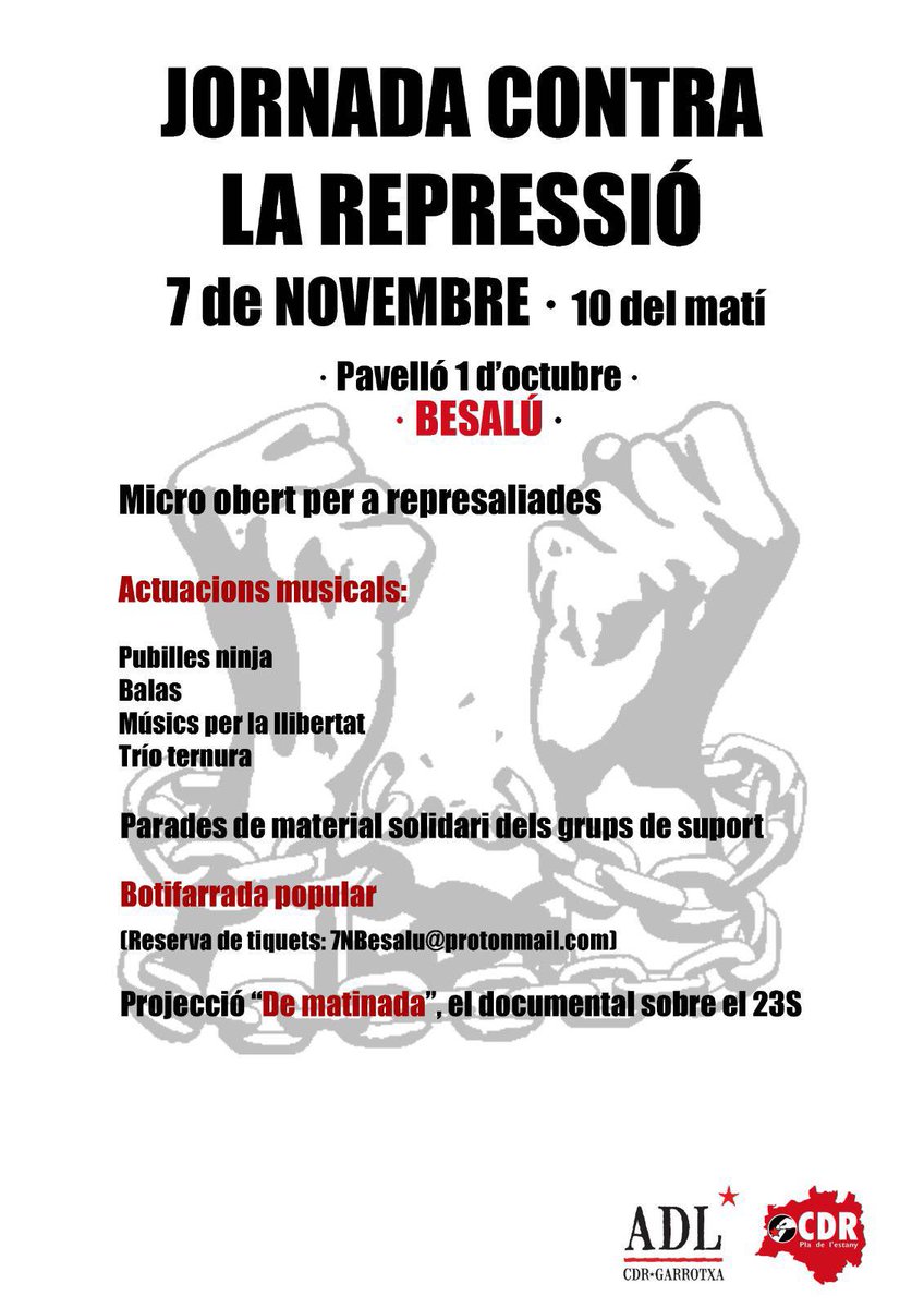 Aquest diumenge 7 de novembre a #Besalú 

Jornada #Antirepressiva 

📍 Pavelló 1 d’octubre
🕙 10 del matí

Us hi esperem!! 🏴

@CDRPlaEstany 
<a href="/ADLGarrotxa/">ADL Garrotxa (CDR)</a>