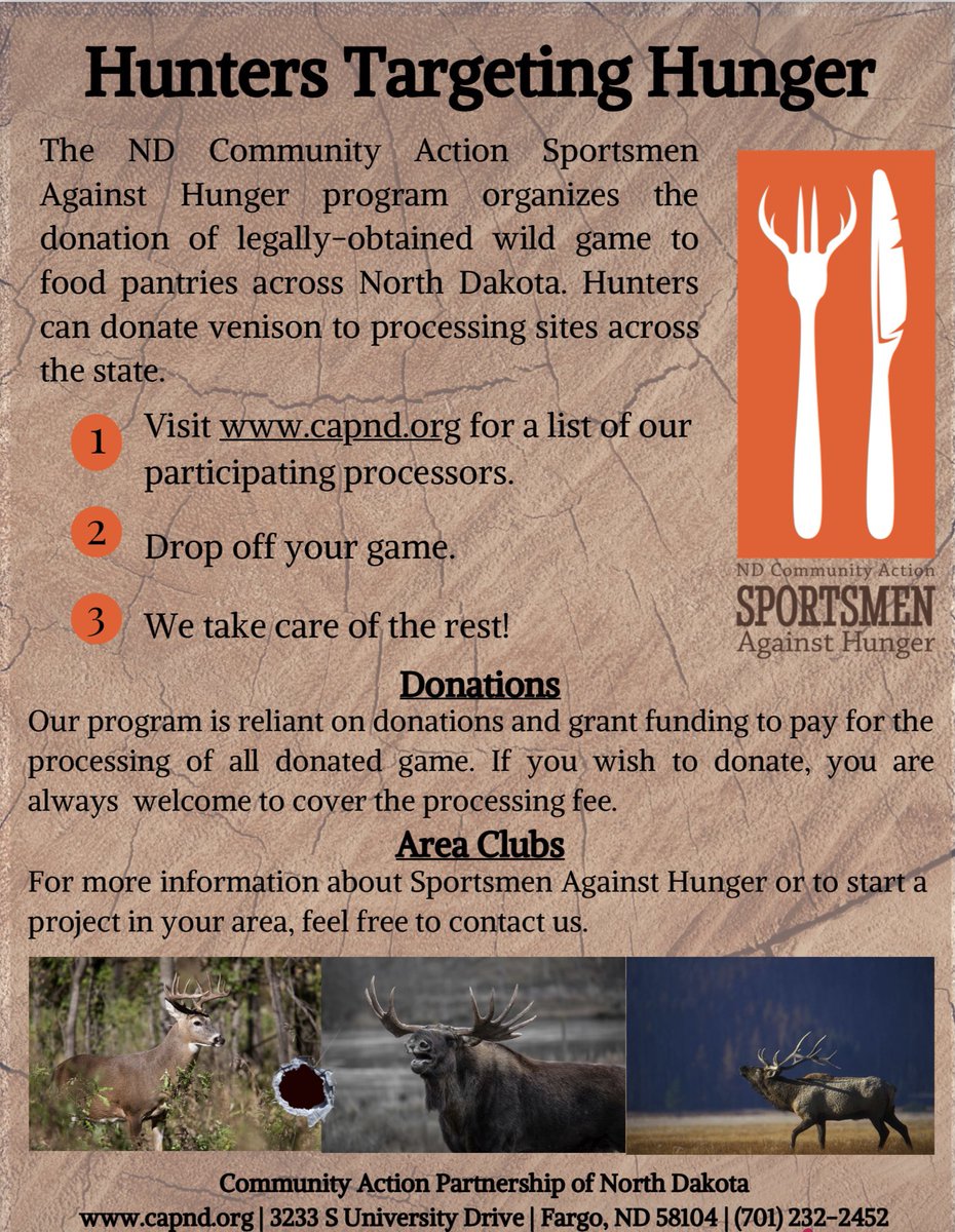 Deer hunting opener today!
If you have deer to share, consider donating through 
Sportsmen Against Hunger
Learn more at capnd.org/programsandini…