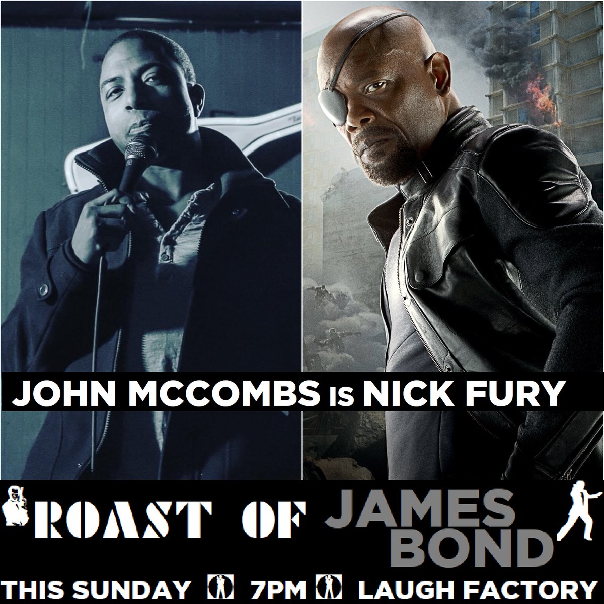 CARoasts's tweet image. .@mccombscomedy  is backthis Sunday to play Nick Fury in our Roast of James Bond! #Ezekiel2517

Tix available at the link in our bio!