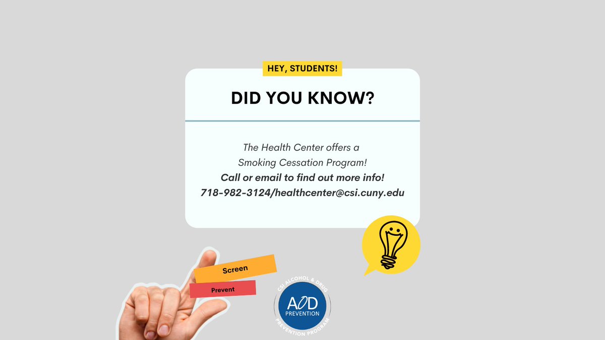 CSI_Wellness's tweet photo. There’s a strong link between smoking and cardiovascular disease, and between smoking and cancer. But the sooner you quit, the quicker your body can rebound and repair itself.
Call/email the Health Center
718-982-3045/healthcenter@csi.cuny.edu
#VaxUpCSI #VaxUpCUNY #CSIHW https://t.co/CYLRJCZN37