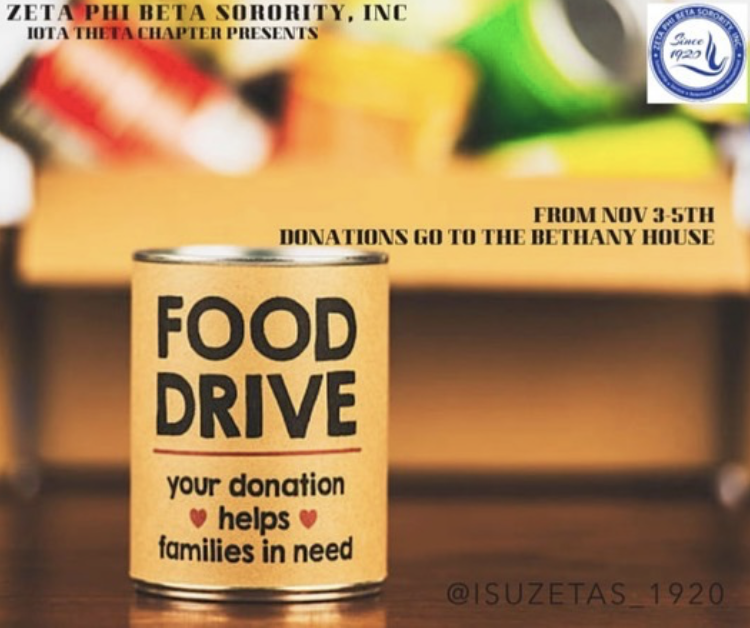 IndStateFSL's tweet photo. Today is the final day to drop off items for the @isuzetas_1920 food drive for the Bethany House! https://t.co/PaFtl2jDJ9