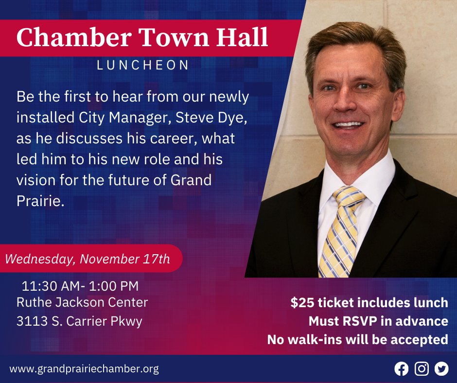 ✨Chamber Town Hall Luncheon with NEW City Manager, Steve Dye! Happening Wednesday, November 17th, 11:30AM, at the Ruthe Jackson Center ✨ 
WE WILL SELL OUT OF THIS ONE! 
Get your tickets on our website today!
