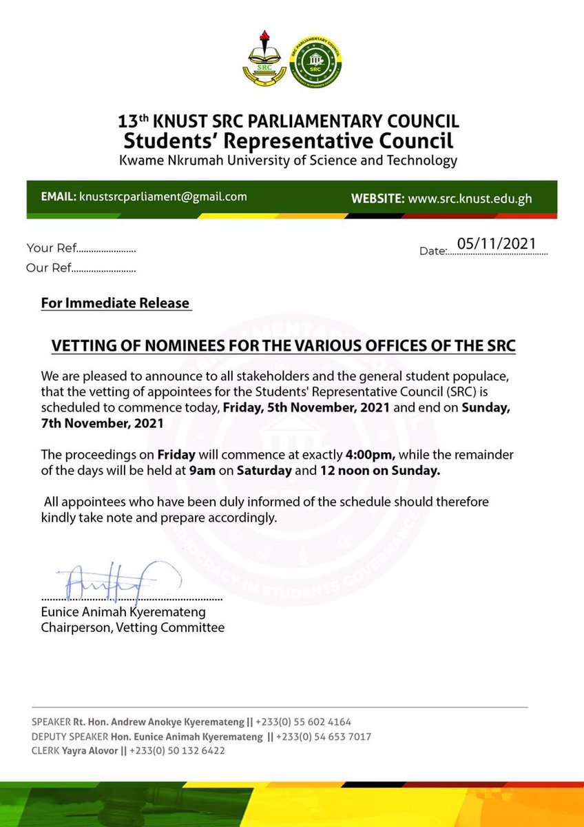 The Vetting Committee of the house is set to begin vetting of nominees for the various offices of the SRC, today, November 5, 2021 and end on Sunday, November 7, 2021. 

We wish all SRC nominees the very best.