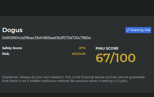 PinuScanner's tweet photo. Attention $DOGUS #DOGUS Family!
This coin just scored a 67/100 on @InuPirate $PINU contract scanner looking for malicious functions and dangerous code.

Learn more at https://t.co/CLNdr7ybTZ https://t.co/gXWQkJJd9T