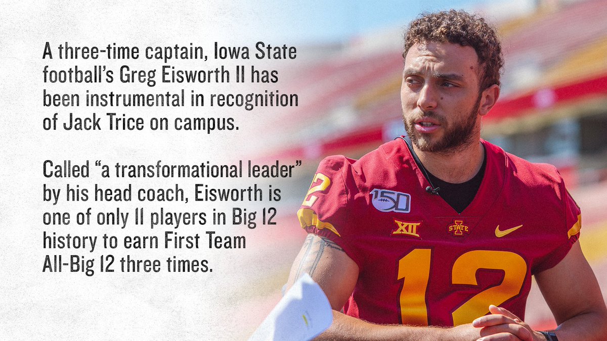 Big12Conference's tweet photo. @CycloneFB @CycloneATH Eisworth leads by example. He advocated for the team to wear patches honoring Jack Trice, Iowa State’s first African American student-athlete

Eisworth promotes equity and change. He also encourages his teammates to use their voices with each other and "bring us closer together". https://t.co/lKojIIrdGi