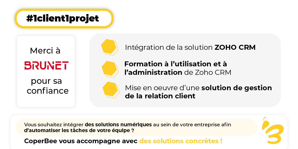 #1client1projet L'équipe de CoperBee a encore frappé ! Cette fois-ci on a  accompagné BRUNET dans leur transformation digitale

Concrètement, on les a accompagné à intégrer la solution ZOHO CRM pour optimiser la gestion de leur relation client 🤝

#CRM #transformationdigitale