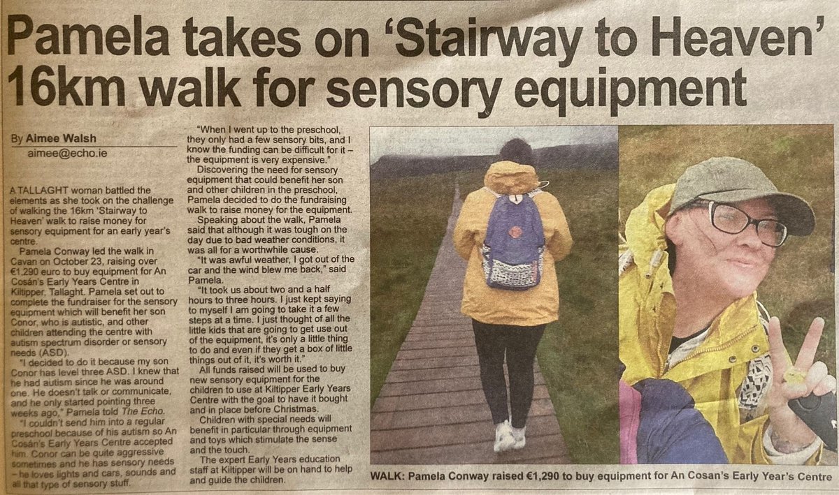 an_cosan's tweet photo. Super coverage in @TheEchoOnline of Pamela Conway's trek to raise funds for our Early Years centre in Kiltipper. The €2,000+ she raised will help buy sensory equipment that will greatly benefit the little ones with #AutisticSpectrumDisorder or with other #sensorychallenges https://t.co/BlSDOmuCNV