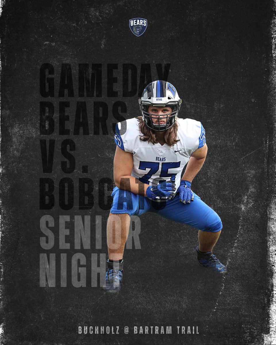 bt_athletics's tweet photo. G A M E D A Y 
🏈 @BTHS_Football 
🎓 Senior Night 
🆚 Buchholz 
🕖 7:00
📍 @BartramTrail 
🔵 @BTHSStudentSect 
👩🏻‍💻 @AthleticoCreate 
#GoBears🐻 https://t.co/8t06NhHFzB