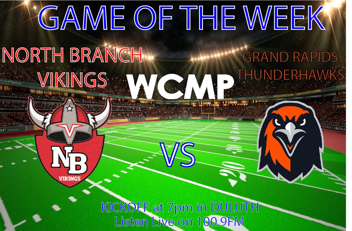 Qmediasports's tweet photo. It's this WCMP Football Game of the Week!
Section 7AAAA Championship

North Branch vs Grand Rapids 7PM
Listen live on 100.9FM

@CoachVoss_NB 
@nbapschools 
@GRactivities https://t.co/Grol5YZD4R