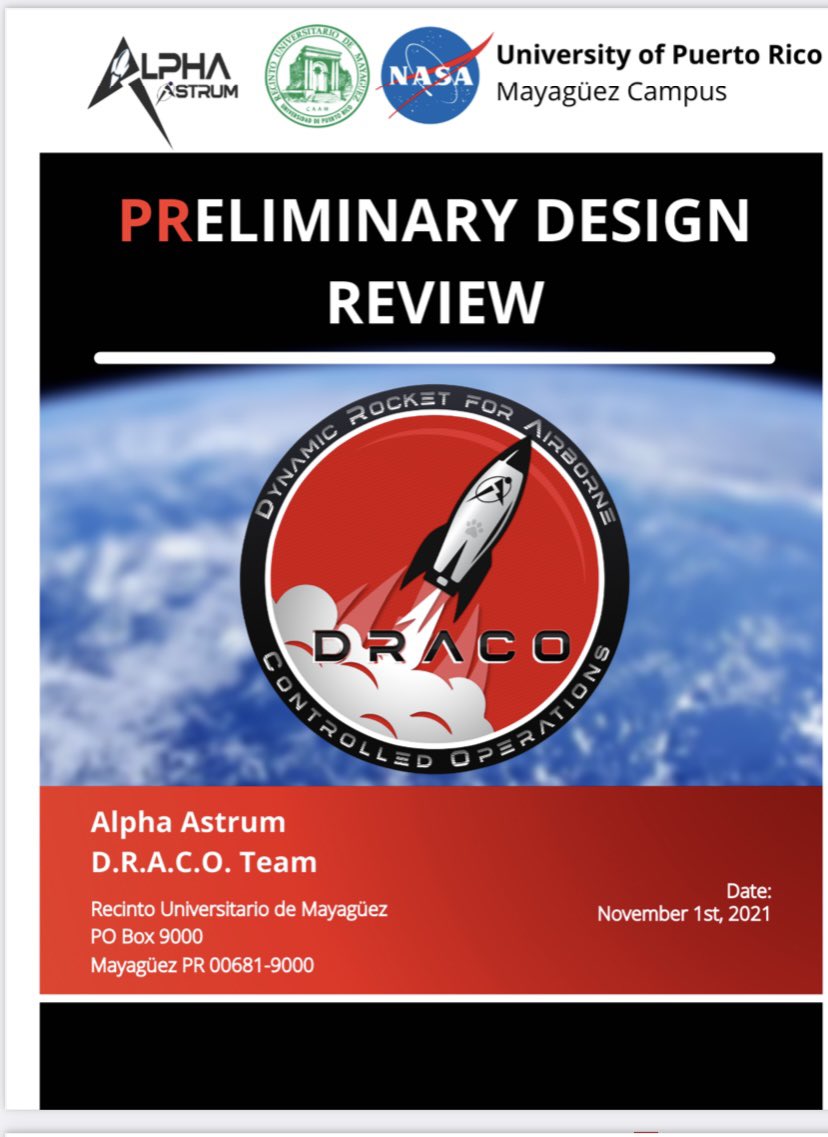 AlphaAstrum's tweet photo. On November 1st, the DRACO team succesfully submitted the first report, the PDR. This is only the first step in the NASA Student Launch Competition.🚀

The Launch Vehicle Department is already discussing last minute details in order to start manufacturing the sub-scale rocket. ⚙️ https://t.co/ZuJZ4hL6M4