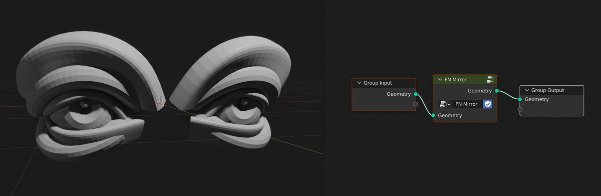 fletchgraham's tweet photo. Here's another #fletchnodes example. The goal with these node groups is to make editing geometry with geo nodes more user-friendly. The eyelids were made with with FN Bezier Strip nodes and then the whole thing was mirrored with the FN Mirror node
#b3d #geometrynodes https://t.co/h5FGc3qhaW