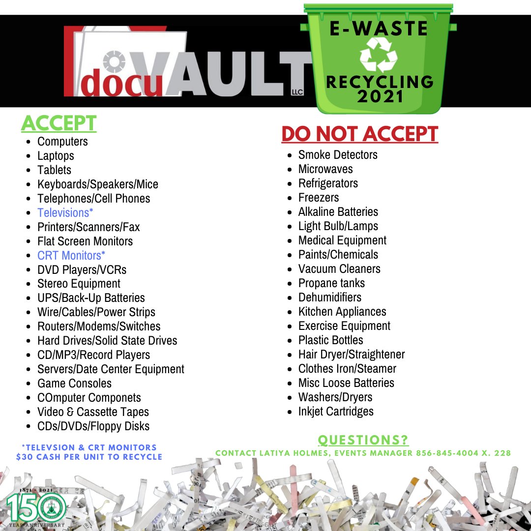 WestDeptfordTwp's tweet photo. We are one week away from our last shred & e-waste event of the year! Be sure to get your documents and electronics together and stop by RiverWinds next Saturday, November 13th from 9 am - 12 noon. The shred truck will be parked in the front parking lot. #shredevent #docuvault https://t.co/IKfB2bVodA