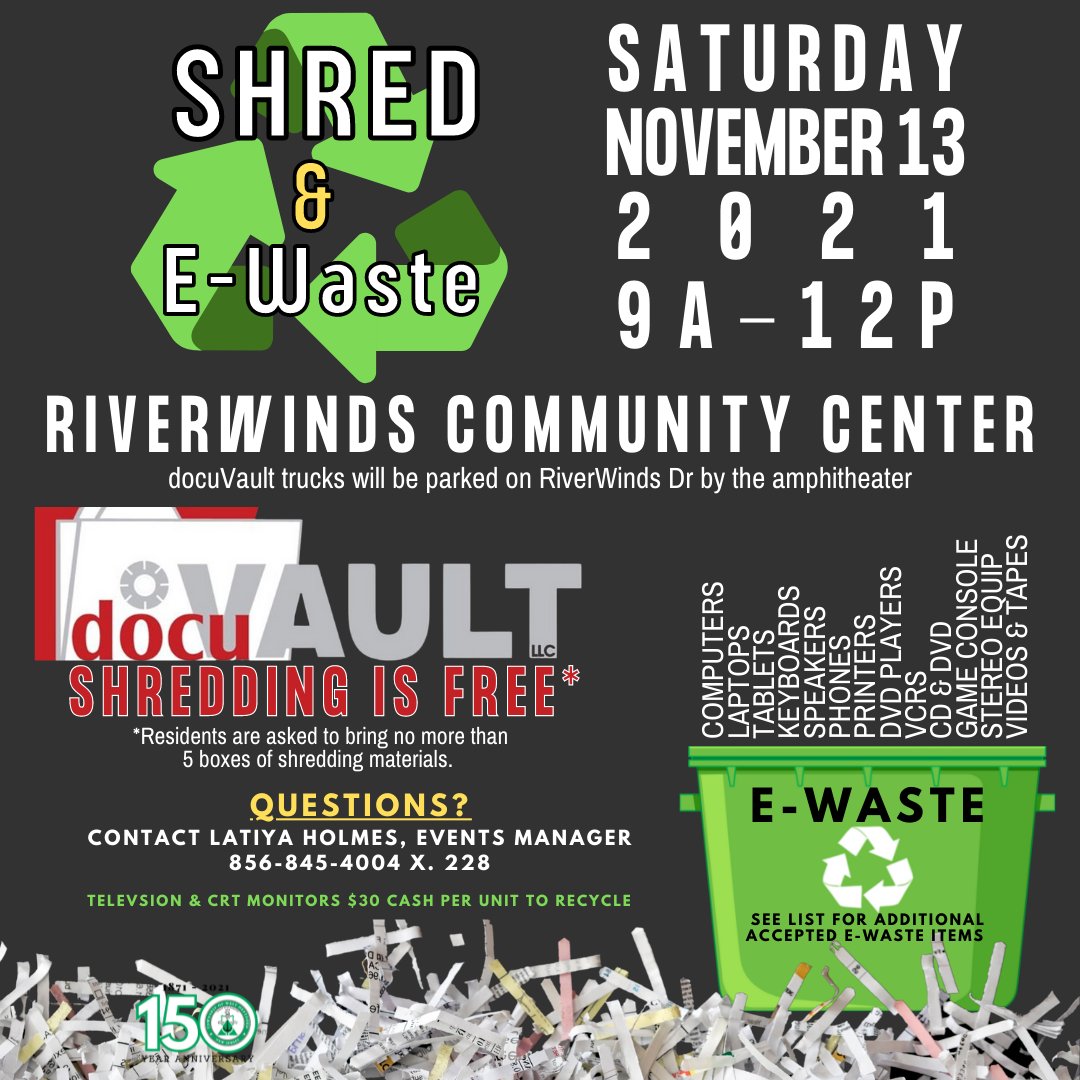 WestDeptfordTwp's tweet photo. We are one week away from our last shred & e-waste event of the year! Be sure to get your documents and electronics together and stop by RiverWinds next Saturday, November 13th from 9 am - 12 noon. The shred truck will be parked in the front parking lot. #shredevent #docuvault https://t.co/IKfB2bVodA