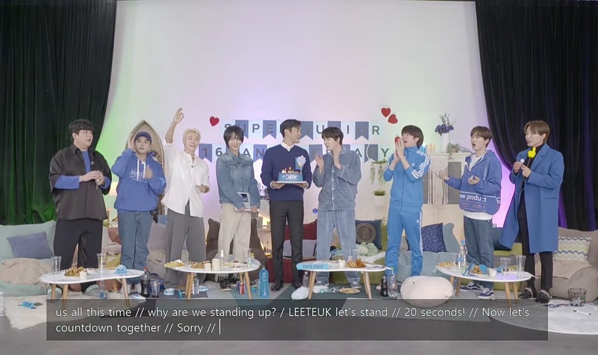 sapphirecloud1's tweet photo. I was afraid to expect too much, but turn out the celebration was really perfect. All 9 of them in their usual formation: Shindong, Ryeowook, Donghae, Yesung, Siwon, Kyuhyun, Heechul, Eunhyuk, Leeteuk.
The translator even survived! Thank you, translatornim, you deserve a raise 🥺 https://t.co/WbA1kHPc77