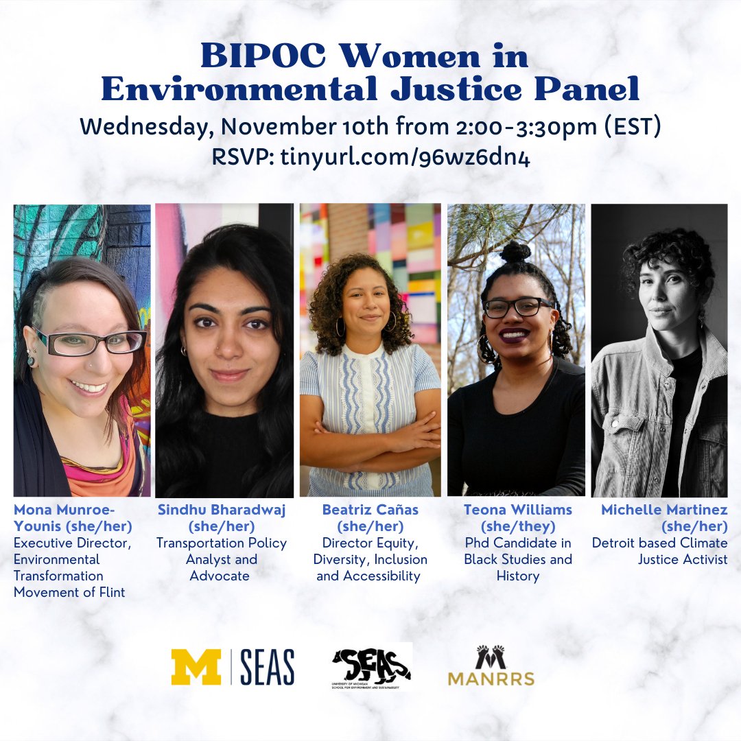 UMSEAS's tweet photo. EVENT ALERT! RSVP FOR LINK by 11/5! BIPOC #EnvironmentalJustice Panel on Wed 11/10 from 2 - 3:30 pm. Hear #UMSEAS grads share experiences working for #EJ across a wide array of job sectors including grassroots, gov., DEI, academia, policy, &amp; nonprofits.  https://t.co/yVRXahs9aG https://t.co/Z32QbEPjqT