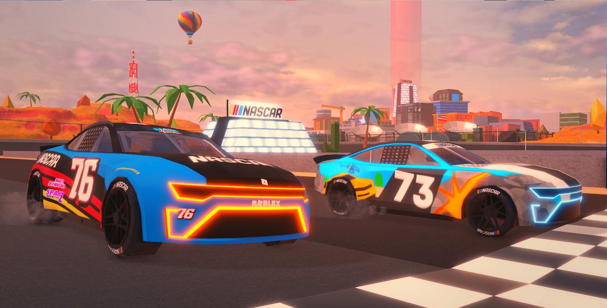 badimo's tweet photo. 🏁 Just a few more hours until the official @NASCAR event on #Jailbreak!

Let's announce the 2 winning designs! 
😍 #76 will be FREE! &amp; is made by #Roblox user "Hurricane_48"!
😍 #73 will cost 100K Cash &amp; is made by #Roblox user "door979hungry"!

👋 See you at NOON PST! https://t.co/Xw1PIXoaqK