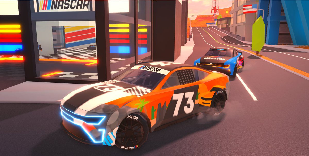 badimo's tweet photo. 🏁 Just a few more hours until the official @NASCAR event on #Jailbreak!

Let's announce the 2 winning designs! 
😍 #76 will be FREE! &amp; is made by #Roblox user "Hurricane_48"!
😍 #73 will cost 100K Cash &amp; is made by #Roblox user "door979hungry"!

👋 See you at NOON PST! https://t.co/Xw1PIXoaqK