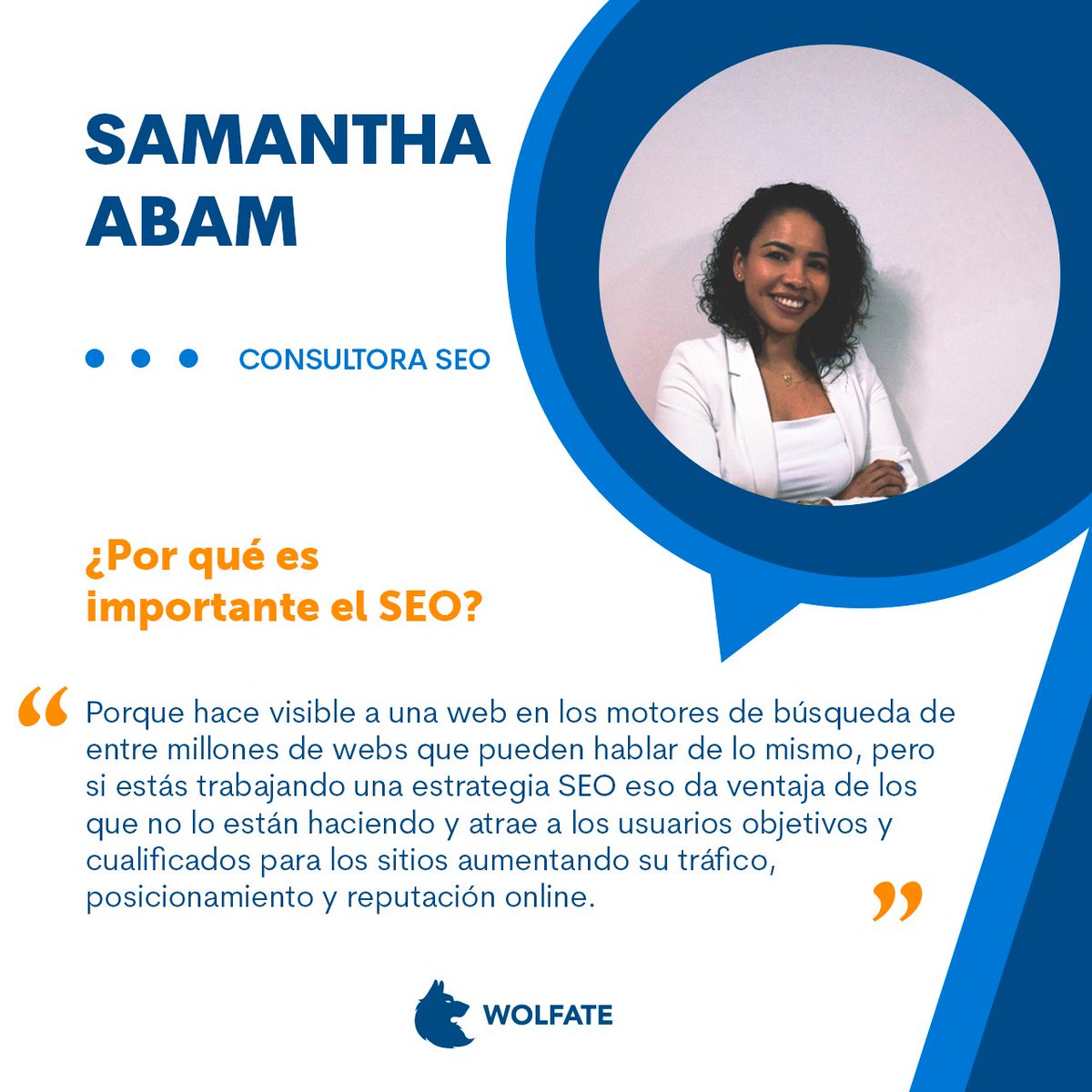 WolfateAgency's tweet photo. Samantha Abam, consultora SEO, comparte que la importancia del SEO se debe a la visibilidad que le da a una web en los motores de búsqueda de entre millones de webs que pueden hablar de lo mismo. Lee su aportación completa en: https://t.co/tEnxiMdm0T https://t.co/P8f7jHVmzQ