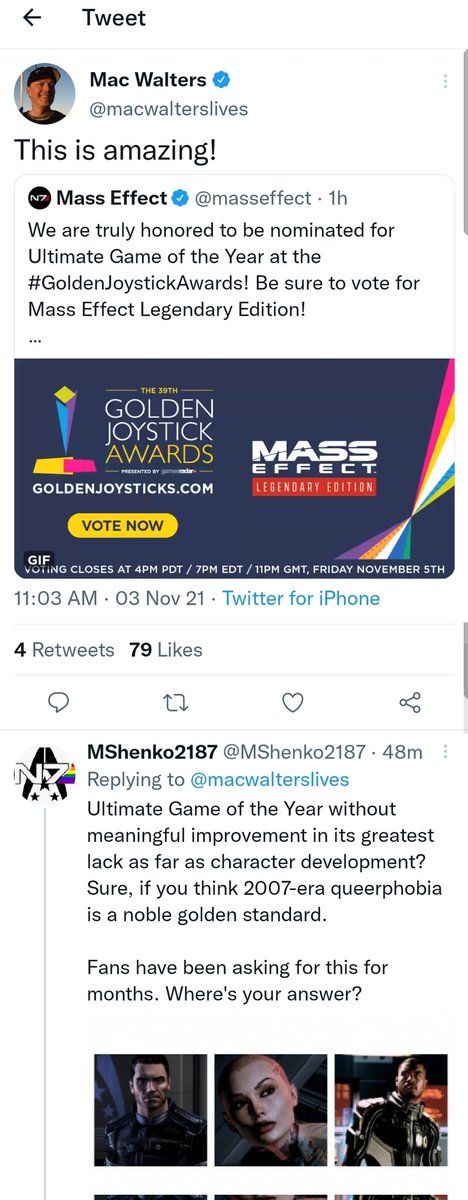 MShenko2187's tweet photo. A heads up to #MassEffect fans heading into #n7day weekend.

@bioware @masseffect Project Lead @macwalterslives hid Tweets from LGBTQ fans w/ a petition for more same-sex romances in #MassEffectLegendaryEdition this week. And he's not alone.

https://t.co/GOpBMg11Kg https://t.co/Cgdvewjhk0