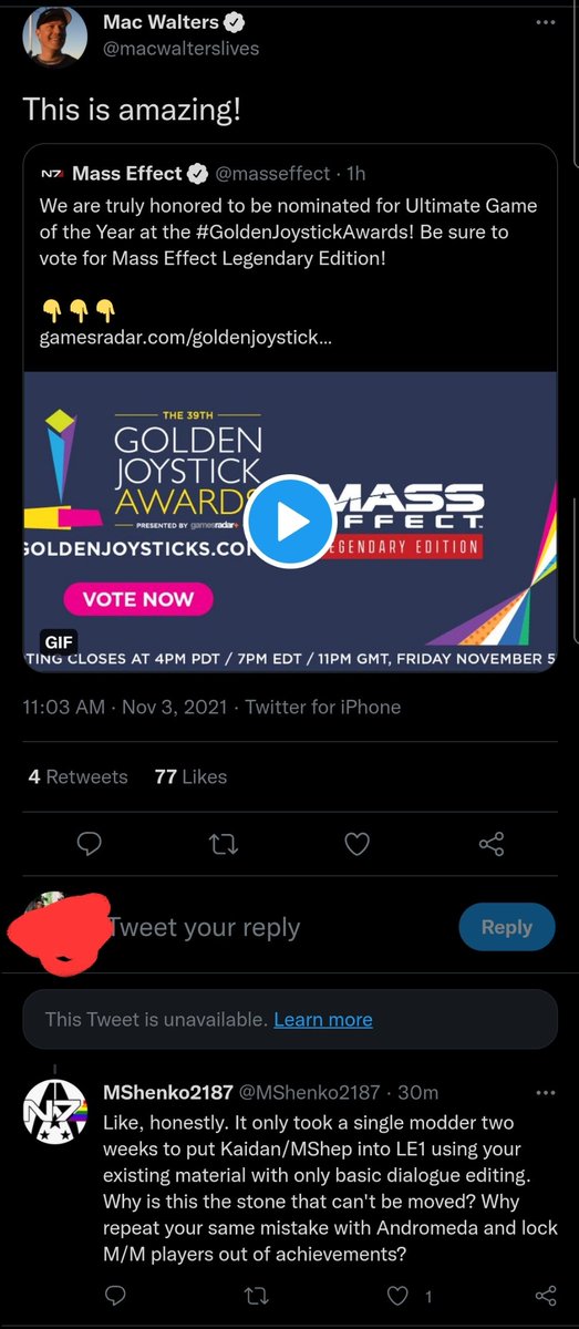 MShenko2187's tweet photo. A heads up to #MassEffect fans heading into #n7day weekend.

@bioware @masseffect Project Lead @macwalterslives hid Tweets from LGBTQ fans w/ a petition for more same-sex romances in #MassEffectLegendaryEdition this week. And he's not alone.

https://t.co/GOpBMg11Kg https://t.co/Cgdvewjhk0