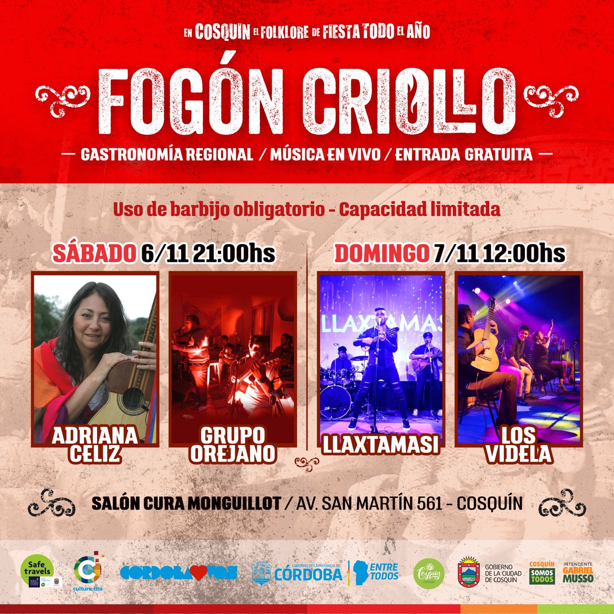 ¡Fogón Criollo! 🔥🎉

Este fin de semana vení a disfrutar en el salón Cura Monguillot el tradicional encuentro del Fogón Criollo con música en vivo. 

✅SABADO 6 Y DOMINGO 7 DE NOVIEMBRE.

¡Te esperamos! pic.x.com/oPGk4opdXQ