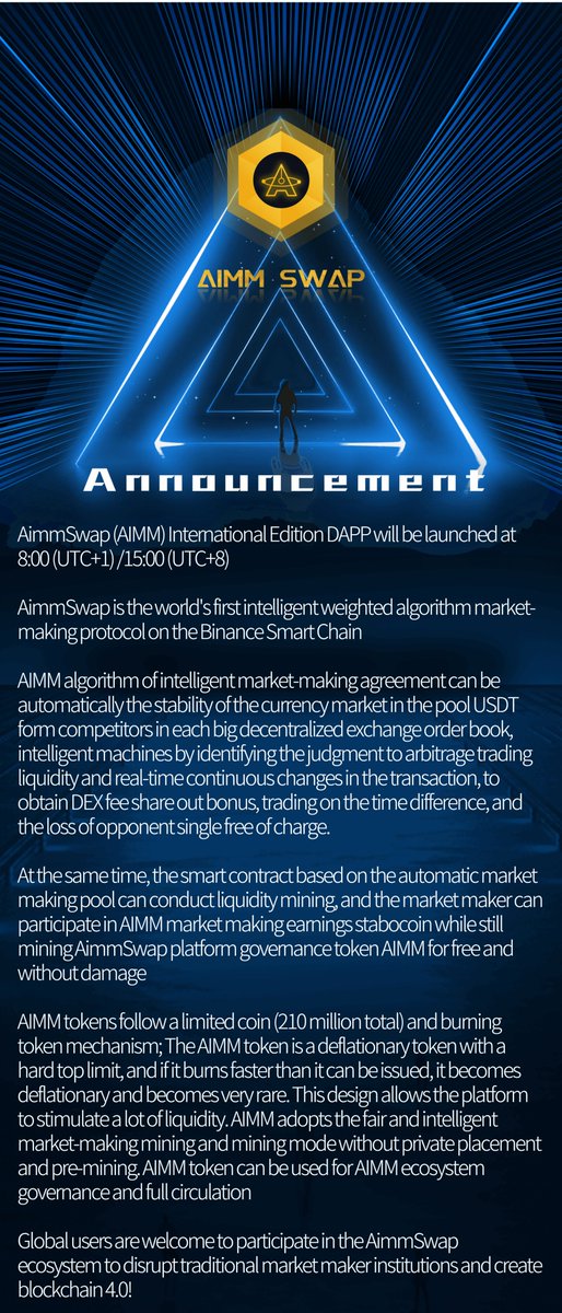 aimm_coin's tweet photo. #AIMMSWAP 
⏰ $AIMM International Edition DAPP will be launched at 8:00 (UTC+1) /15:00 (UTC+8)🎉🥳

👑#AIMMSWAP is the world's first intelligent weighted algorithm market-making protocol on the #BinanceSmartChain 🥇

🗺️The world's strongest black horse is about to set sail https://t.co/o7CIduWBnM