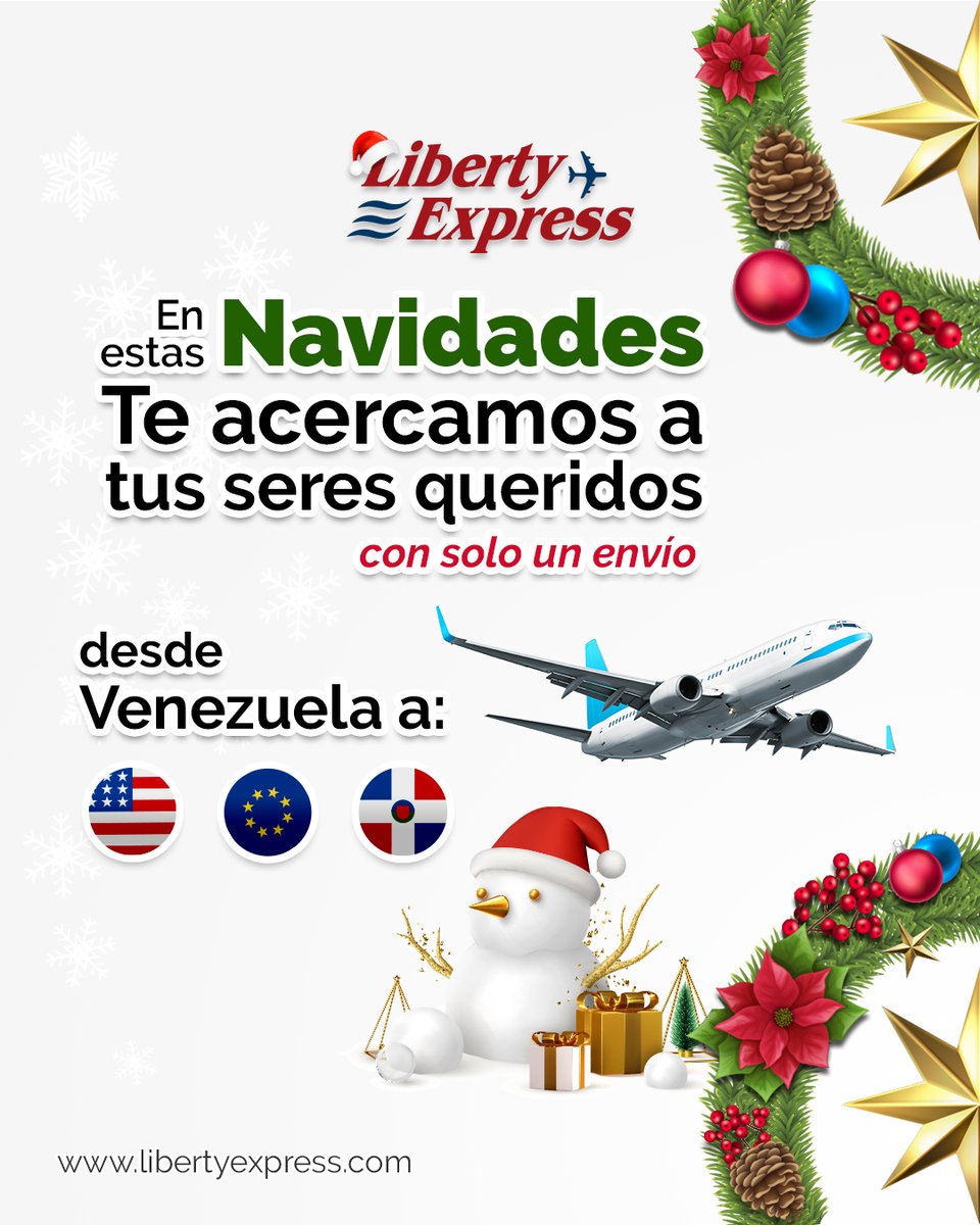 LibertyExpress's tweet photo. ✈️📦¡En estas navidades te acercamos a tus seres queridos!👍
.
⚠️FECHA TOPE 18 DE NOVIEMBRE⚠️
.
Envía a tiempo todos tus obsequios navideños desde Venezuela con el mejor servicio que te ofrece #LibertyExpress 🎅🎄

#Fechatope #Servicio #Envios #Exportaciones #Venezuela https://t.co/bFVQFWaV62