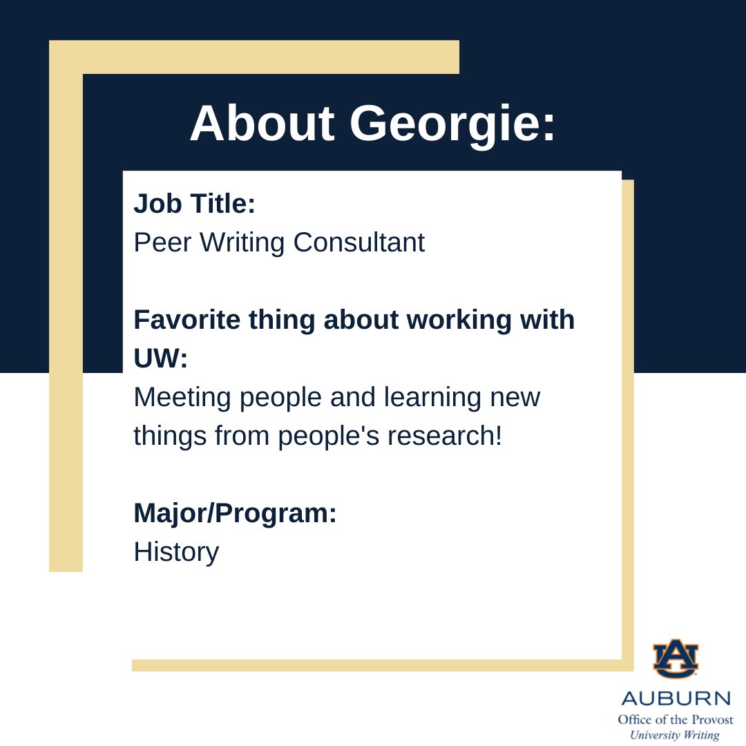 UnivWritingAU's tweet photo. Happy Friday! Today we're putting consultant Georgie in the University Writing Spotlight! Scroll through these images to learn more about her. #UniversityWriting #AuburnUniversityWriting #Auburn #WritingAtAU #auburnuniversity https://t.co/FVbYJy877C