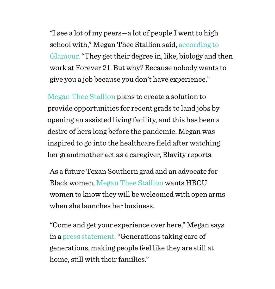 stallionaccess's tweet photo. Megan reveals that she plans to help HBCU graduates gain the experience they need to enter the workforce in the future:

“I see a lot of my peers get their degree (…) and then work at Forever 21. But why? Because nobody wants to give you a job because you don’t have experience.” https://t.co/wWzPudcHOp