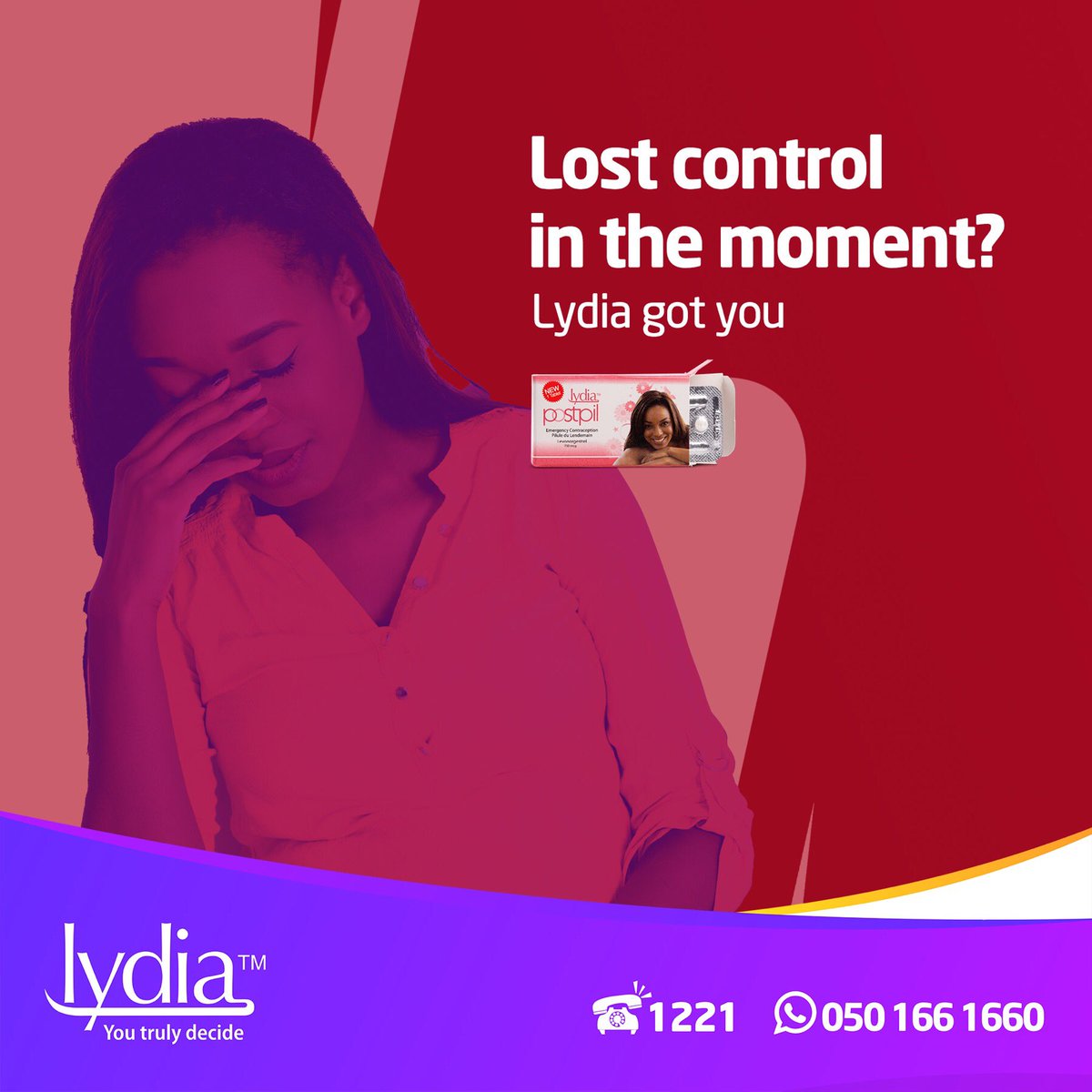 LydiaCaresGh's tweet photo. Lydia got you whenever the unforeseen happens. Visit the nearest pharmacy to get the Lydia Postpil. Be sure to take it within 72 hrs of going unprotected, or in the case of contraception failure. 

#LydiaContraceptivesGhana
#YouTrulyDecide
#ContraceptionEducation https://t.co/aSQoRrbIjo