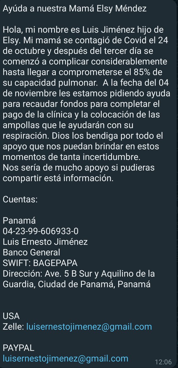 romuloXcordova's tweet photo. Mi cuñado necesita ayuda. 

Por favor, con un RT puede ayudarse mucho.

Su mamá se contagió de #COVID19 el 24/10/21 y se complicó. Buscamos ayuda para cubrir costos de 🏥

Cuentas: 

USA
Zelle: luisernestojimenez@gmail.com    

PAYPAL
luisernestojimenez@gmail.com

#Venezuela https://t.co/Smx60IvMYi