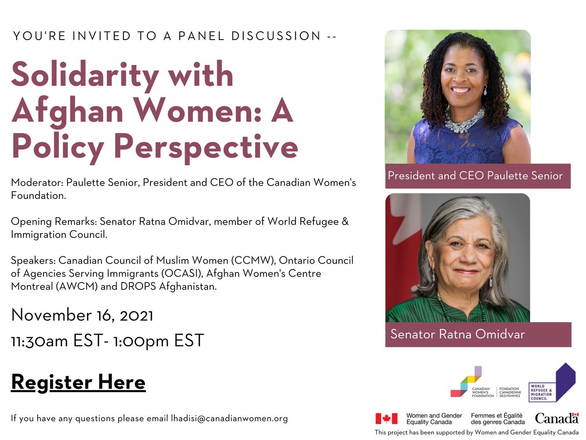 cdnwomenfdn's tweet photo. Nov 16 11:30amEST: Hear policy perspectives on how Canada can better support Afghan women from @PauletteSenior1, Senator @ratnaomi, @OfficialMariamS Drops Afghanistan, Debbie Douglas @OCASI_Policy, @AfghanWomenMTL, &amp; @CCMWCanada

Register: https://t.co/ClM4gngUhG
#cdnpoli #canfem https://t.co/XQ69dp8GPk