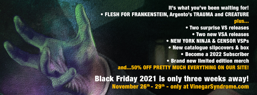 VinegarSyndrome's tweet photo. Just three more weeks until Black Friday 2021 at https://t.co/vfQSGCWPGT! Share and/or reply to this tweet for a chance to win $25 BF coupons + a custom VS Display Rack! We'll pick random winners next week. Read the entire post on our FB or Instagram accounts! https://t.co/FYjBQ28vIt