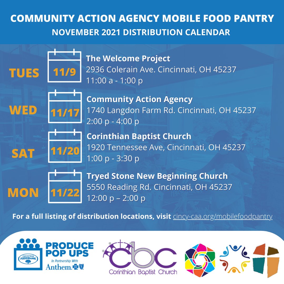 CincyCAA's tweet photo. Here's a look at our upcoming food pantry dates for the month of November! We will distribute FREE produce and packed goods for families and individuals in need, while supplies last. Learn more at https://t.co/Xmfeu0WWeO.
#producepopup #mobilefoodpantry https://t.co/5QgPFCnlyo