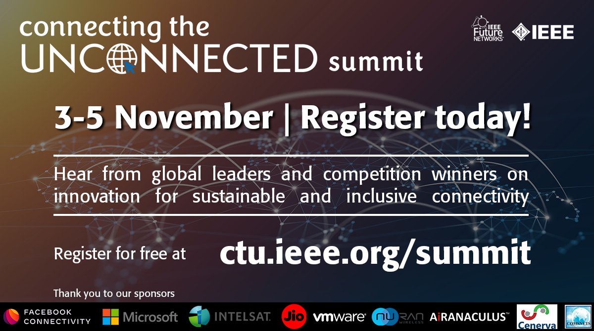 IEEEFutureNtwks's tweet photo. It's the last day of the @IEEEFutureNtwks Connecting the Unconnected Summit. There are so many great discussions coming out of the Summit! We wanted to thank all of our speakers, challenge participants, and attendees for making this an outstanding #event. #IEEECTU #futurenetworks https://t.co/dVGqN13unp