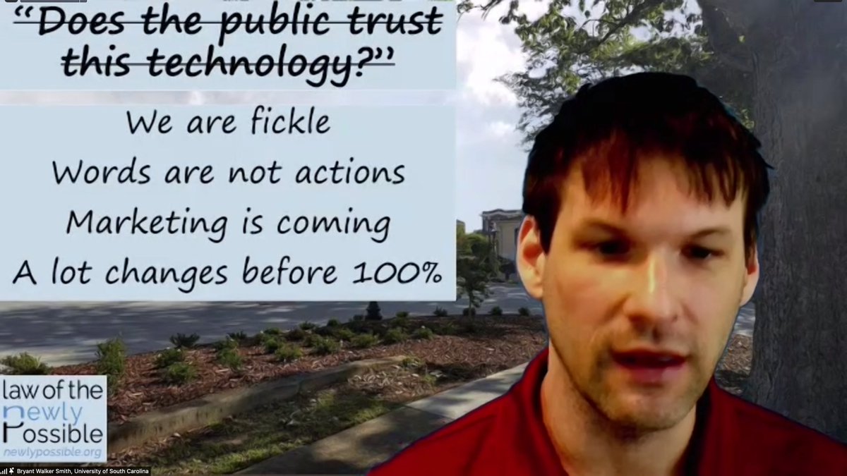 sfiscience's tweet image. &quot;I believe *companies* drive autonomous vehicles...which shifts the focus from trust in any given technology to trust in the company behind that technology.&quot;

@bwalkersmith on what #EmergentEngineering means for the regulation of #AI and other diverse (not monolithic) tools: