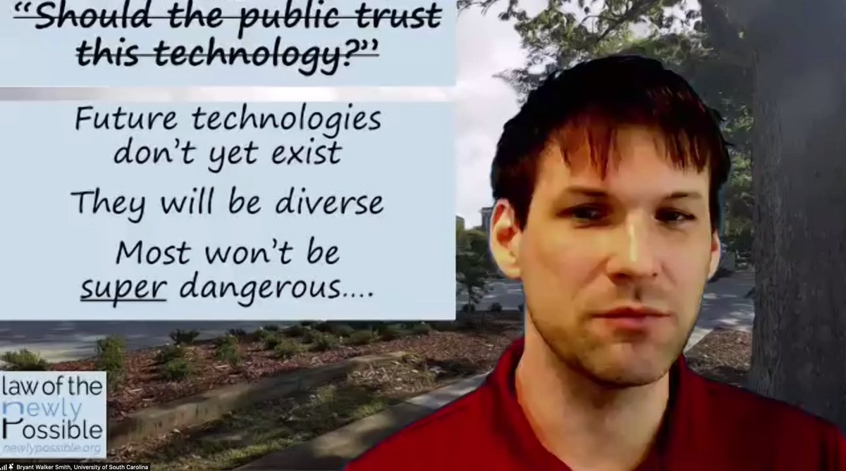 sfiscience's tweet image. &quot;I believe *companies* drive autonomous vehicles...which shifts the focus from trust in any given technology to trust in the company behind that technology.&quot;

@bwalkersmith on what #EmergentEngineering means for the regulation of #AI and other diverse (not monolithic) tools: