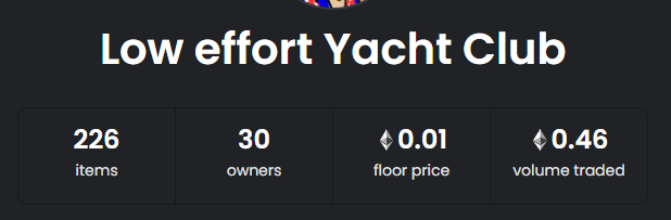 LowEffortYC's tweet photo. 30 Unique owners and 0.46 ETH volume! 🚀👀 #LEYC https://t.co/ekxPrrq1Pg