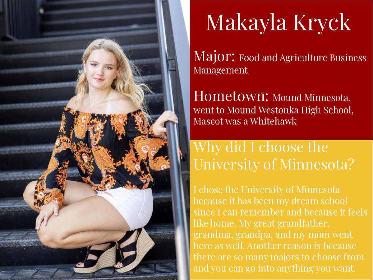 ApEcMN's tweet photo. Let's welcome Makayla to our #FreshFaceFriday! Makayla is an Agricultural and Food Business Management major from Mound, MN. Another, #Gopherforlife, Makayla said she chose the U because it "feels like home." #UMNProud https://t.co/fJSRkzibHZ